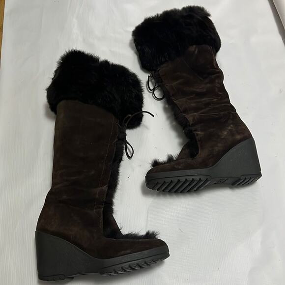 COACH KARITA FUR & SUEDE TRIM TALL ESPADRILLE WEDGE BOOTS SIZE 7.5 B - Picture 1 of 9